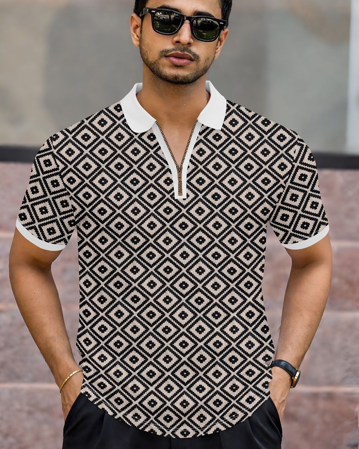 Men’s Geometric Diamond Pattern Quarter-Zip Polo T-Shirt