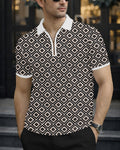 Men’s Geometric Diamond Pattern Quarter-Zip Polo T-Shirt