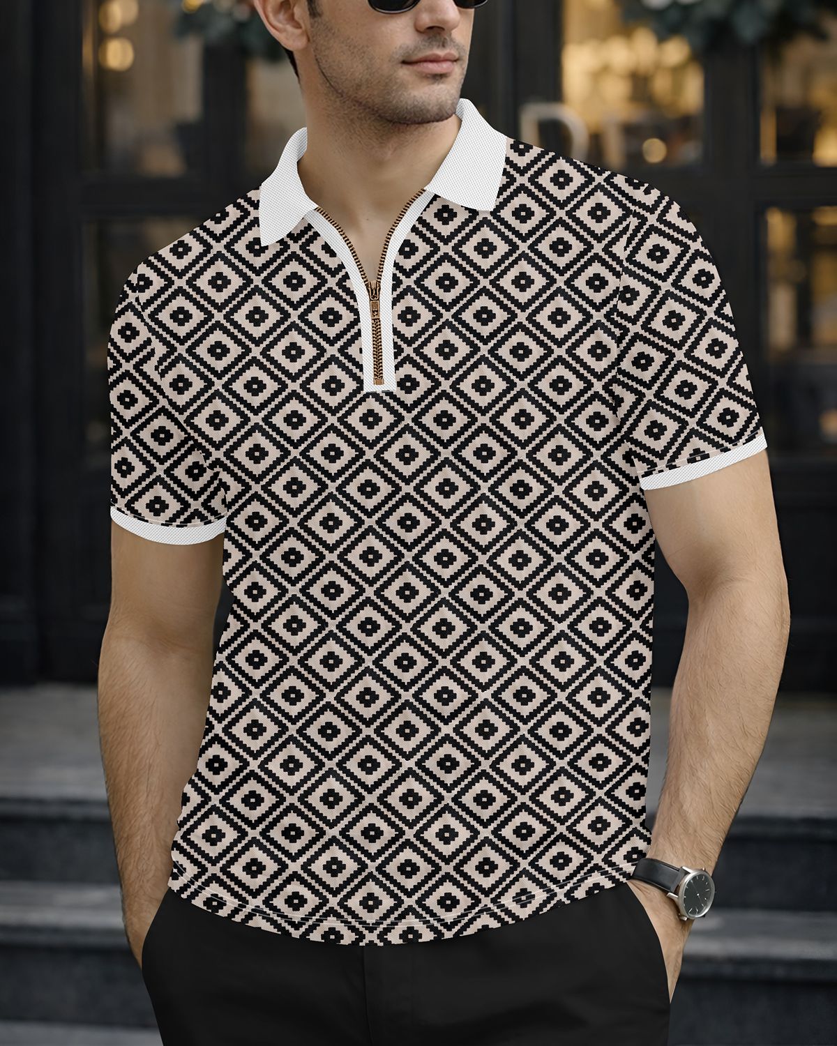 Men’s Geometric Diamond Pattern Quarter-Zip Polo T-Shirt