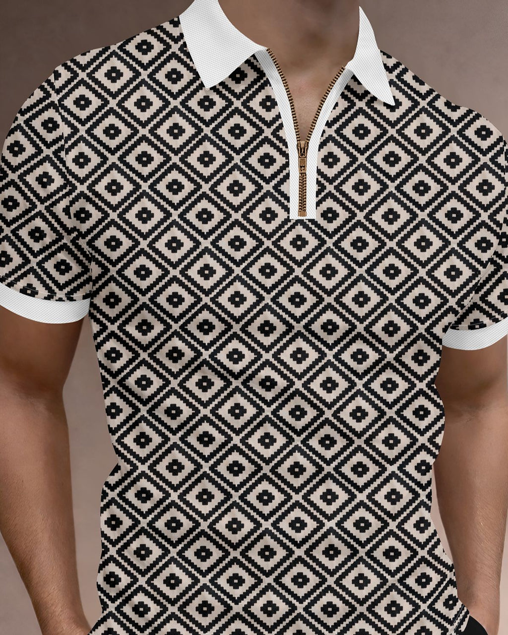 Men’s Geometric Diamond Pattern Quarter-Zip Polo T-Shirt