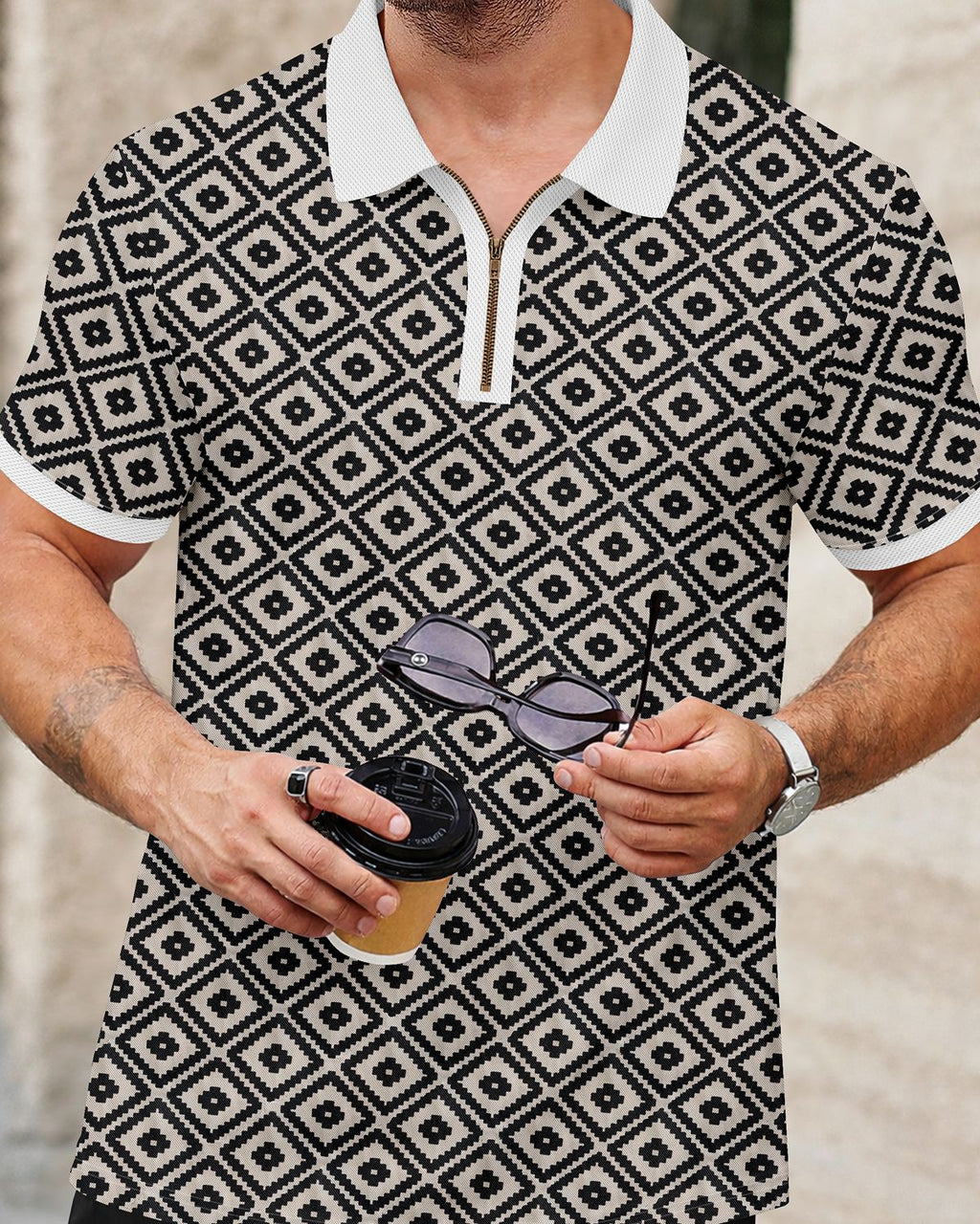 Men’s Geometric Diamond Pattern Quarter-Zip Polo T-Shirt