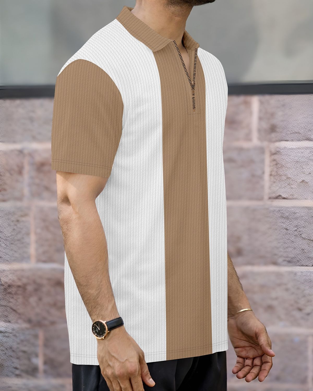 Men’s Color-Blocked Vertical Stripe Quarter-Zip Knit Polo T-Shirt