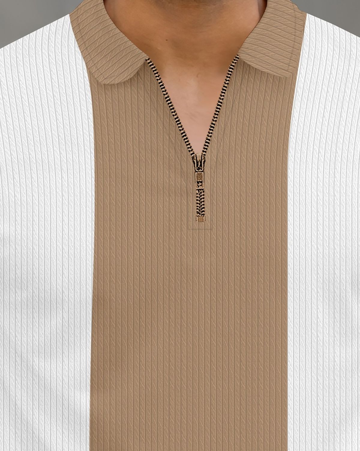 Men’s Color-Blocked Vertical Stripe Quarter-Zip Knit Polo T-Shirt