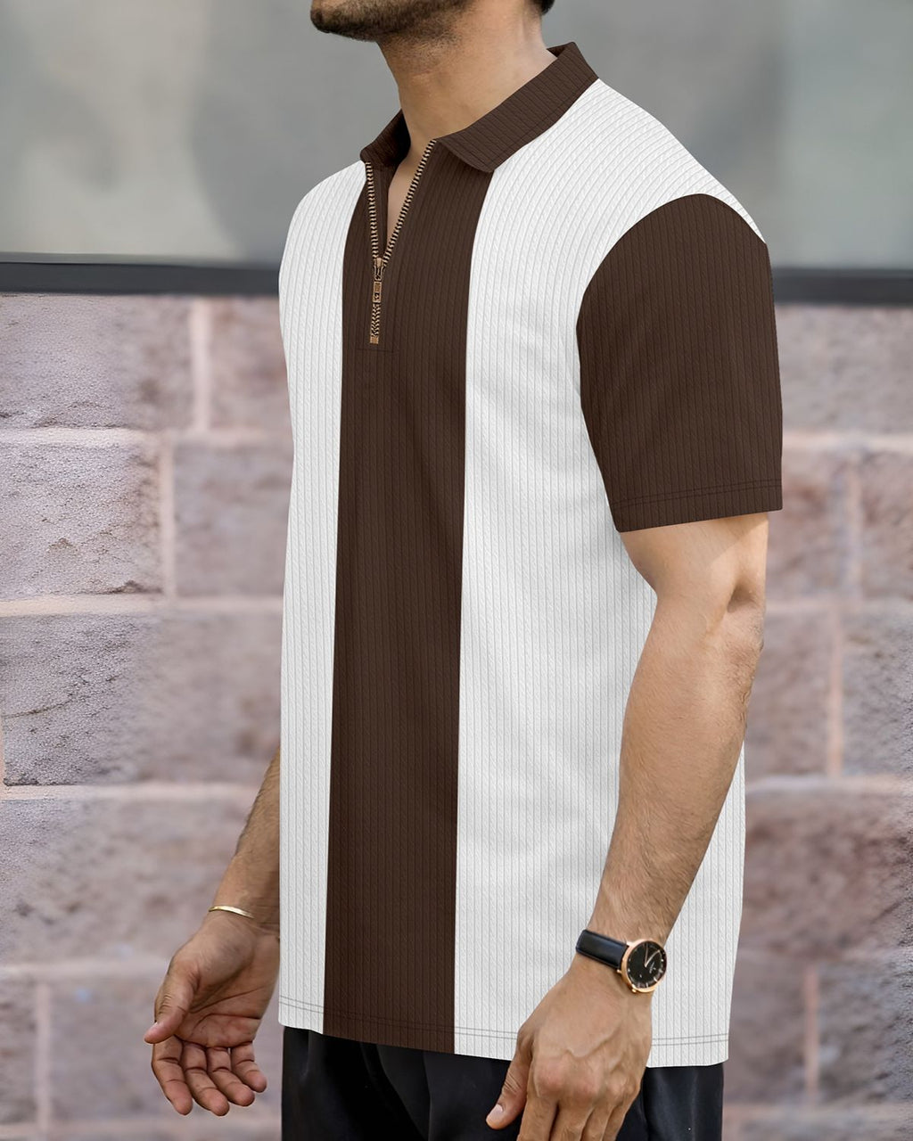 Men’s Color-Blocked Vertical Stripe Quarter-Zip Knit Polo T-Shirt