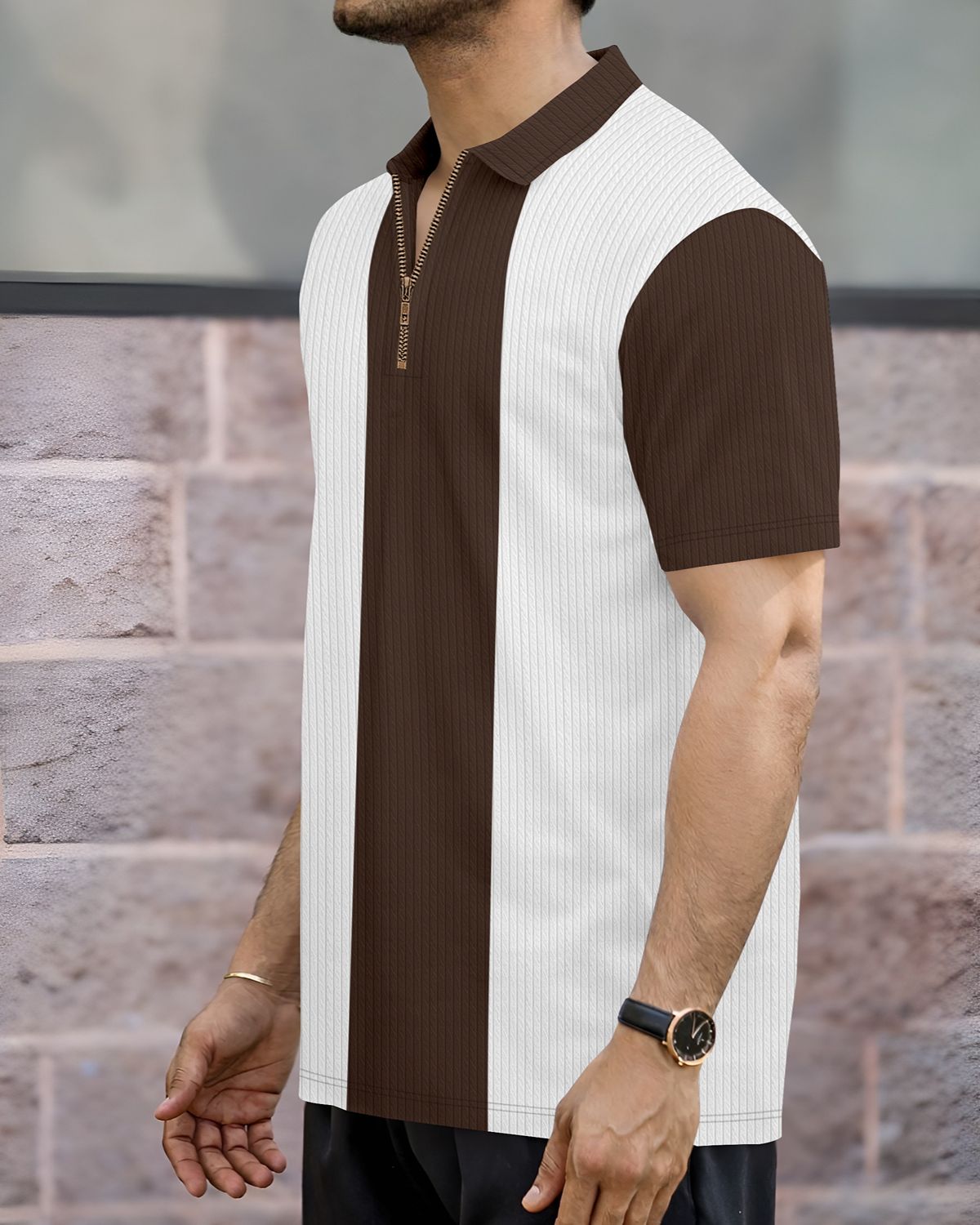 Men’s Color-Blocked Vertical Stripe Quarter-Zip Knit Polo T-Shirt