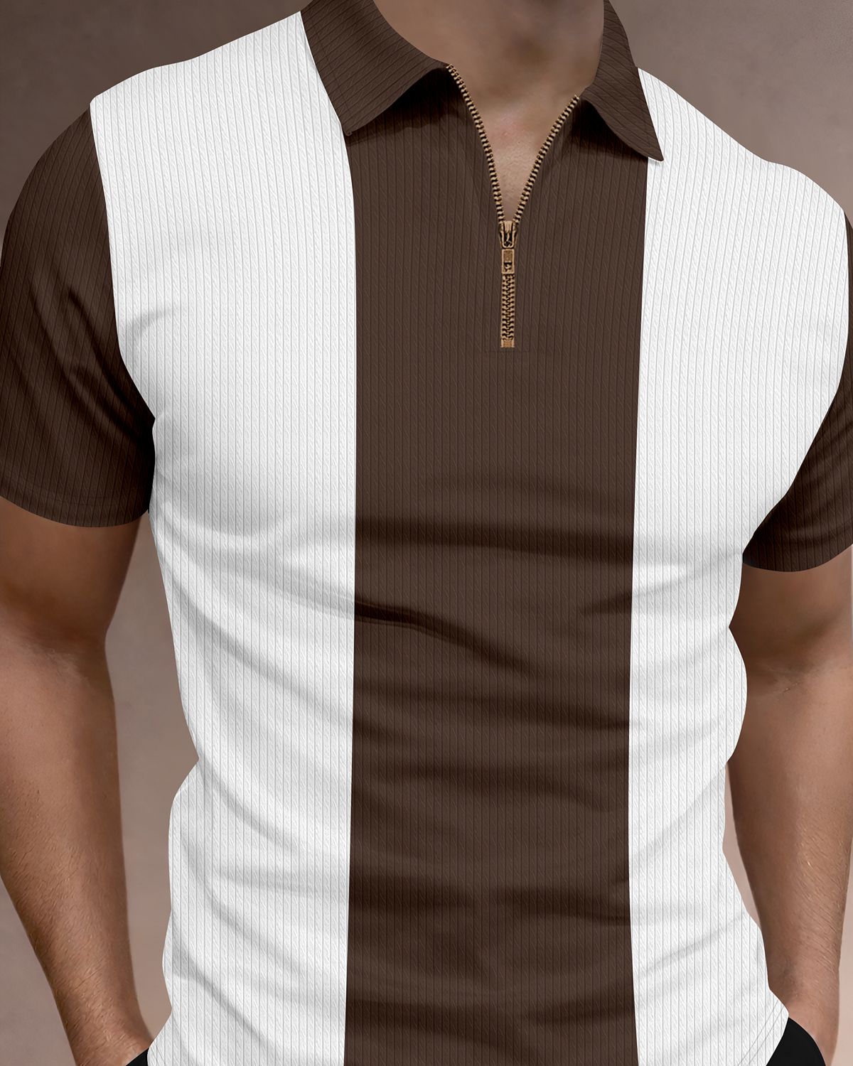 Men’s Color-Blocked Vertical Stripe Quarter-Zip Knit Polo T-Shirt