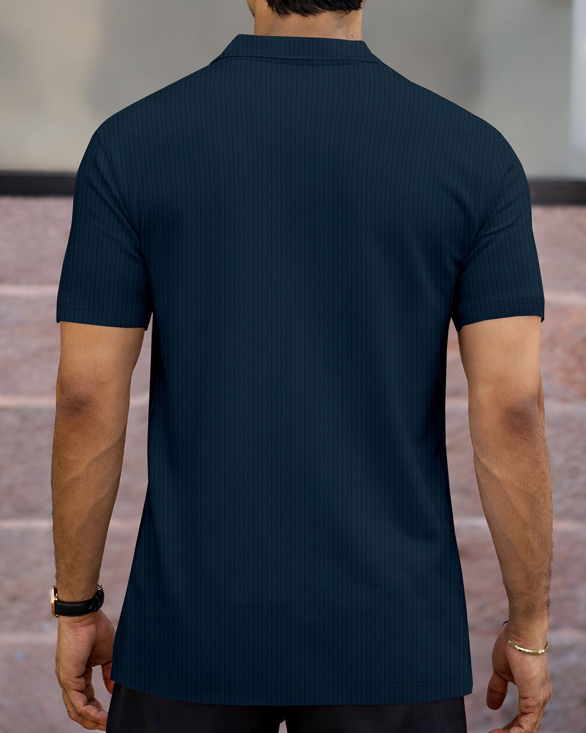 Men’s Color-Blocked Vertical Stripe Quarter-Zip Knit Polo T-Shirt