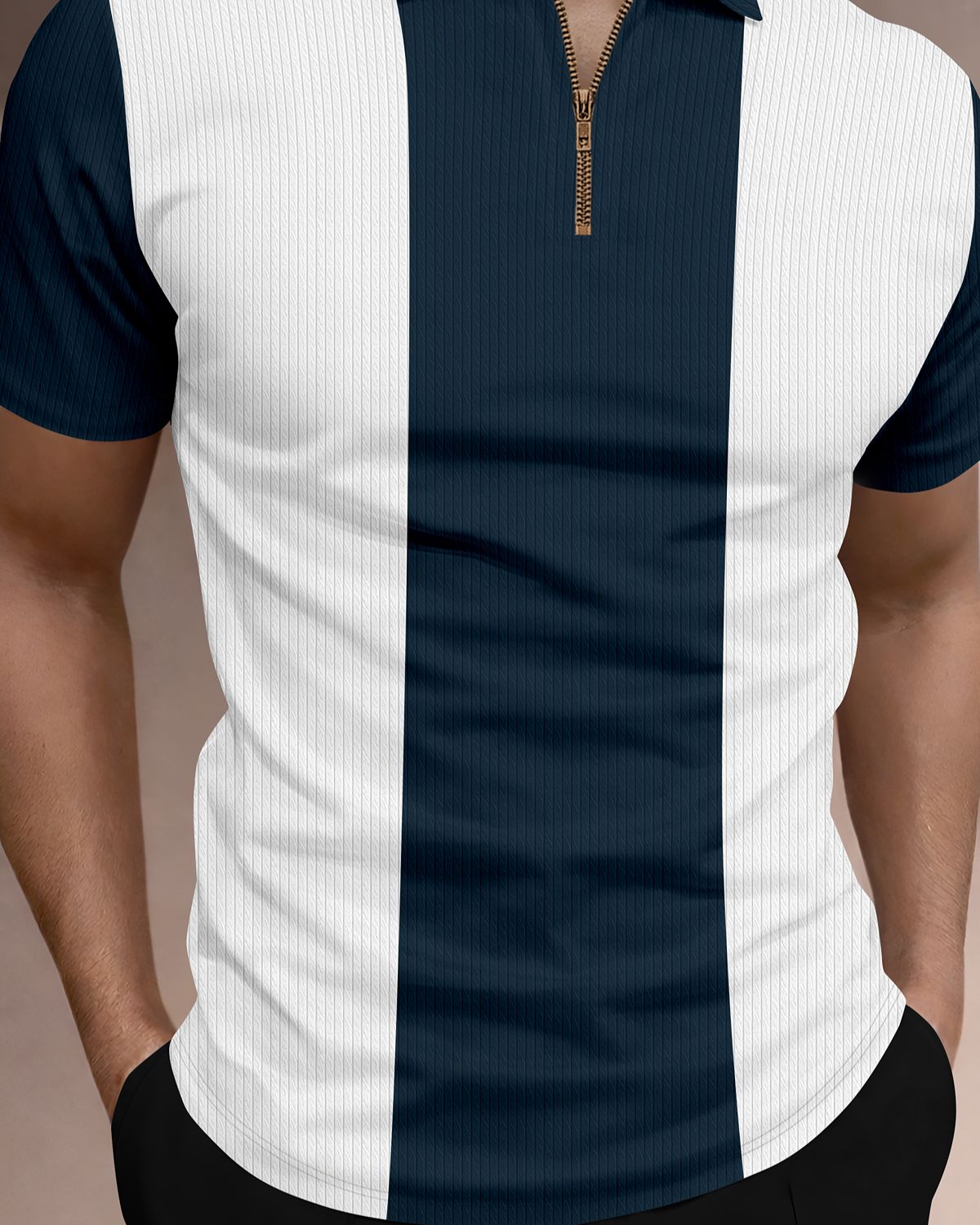Men’s Color-Blocked Vertical Stripe Quarter-Zip Knit Polo T-Shirt