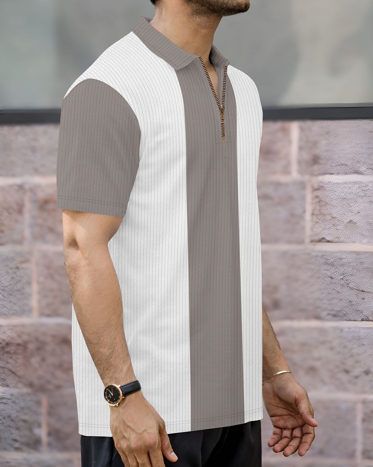 Men’s Color-Blocked Vertical Stripe Quarter-Zip Knit Polo T-Shirt