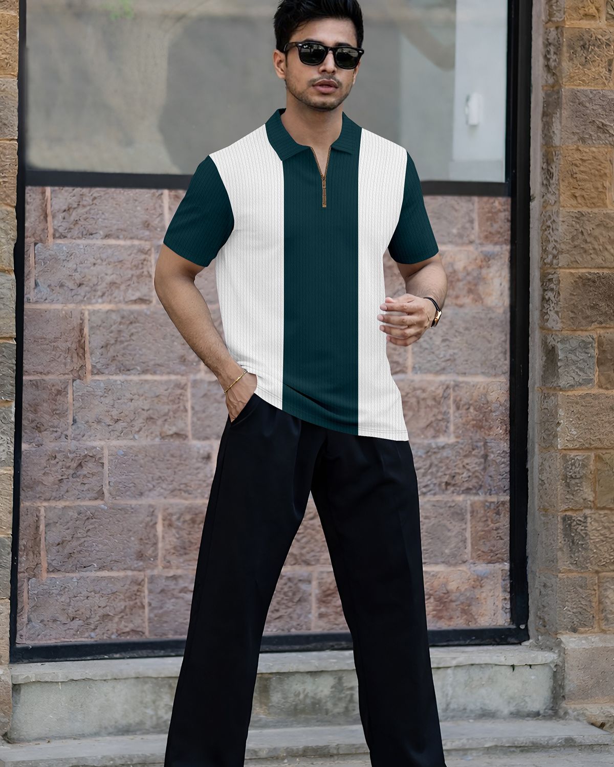 Men’s Color-Blocked Vertical Stripe Quarter-Zip Knit Polo T-Shirt