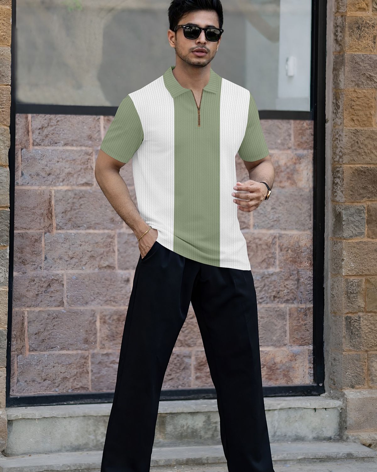 Men’s Color-Blocked Vertical Stripe Quarter-Zip Knit Polo T-Shirt