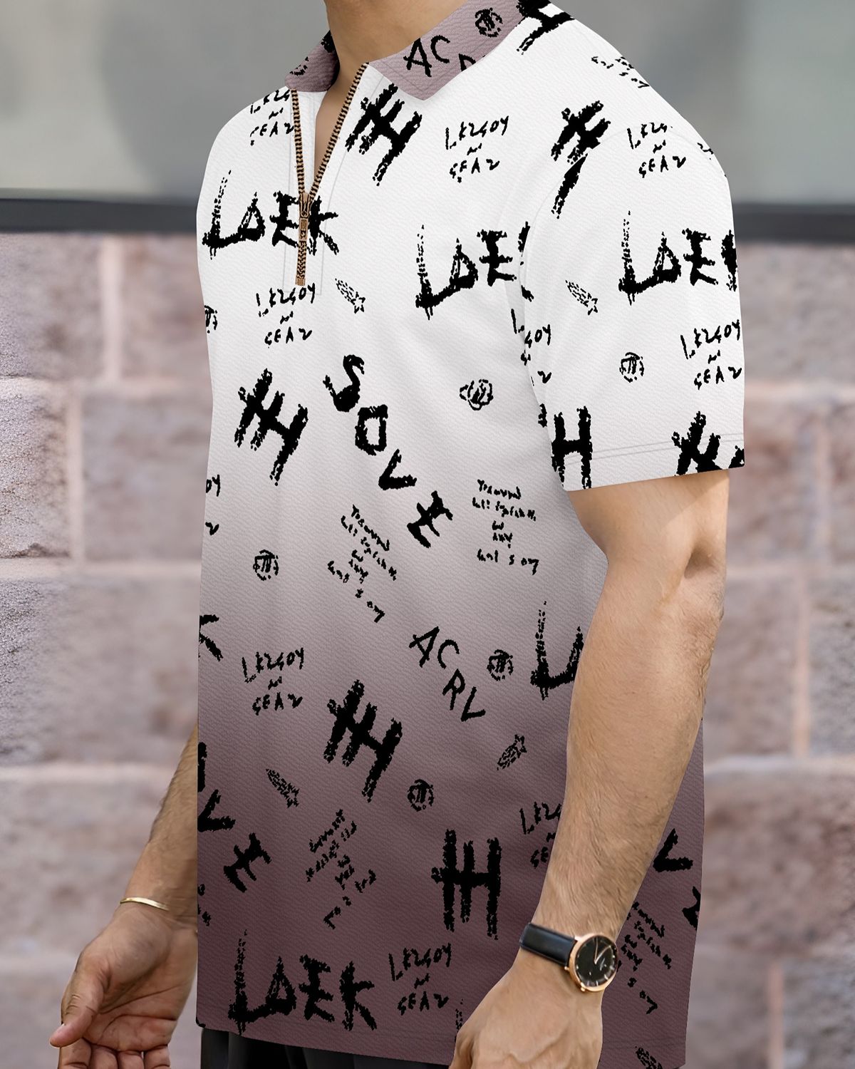 Men’s Graffiti Print Gradient Quarter-Zip Polo T-Shirt