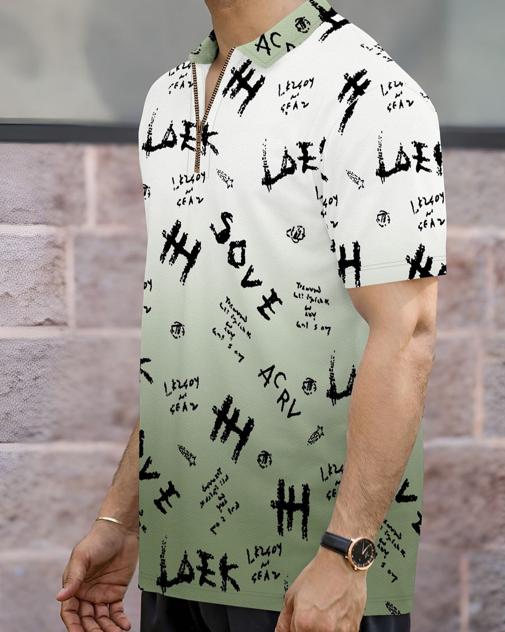 Men’s Graffiti Print Gradient Quarter-Zip Polo T-Shirt