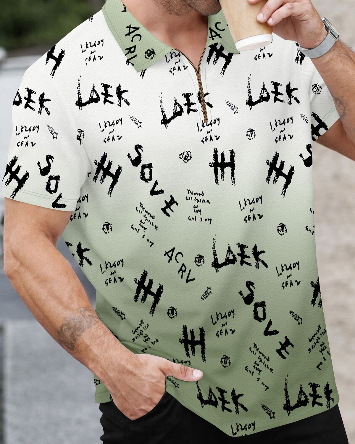 Men’s Graffiti Print Gradient Quarter-Zip Polo T-Shirt