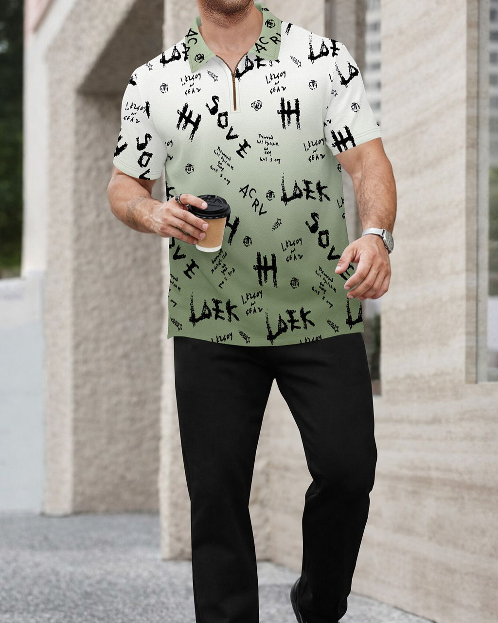 Men’s Graffiti Print Gradient Quarter-Zip Polo T-Shirt