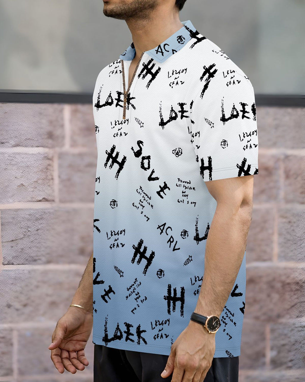 Men’s Graffiti Print Gradient Quarter-Zip Polo T-Shirt