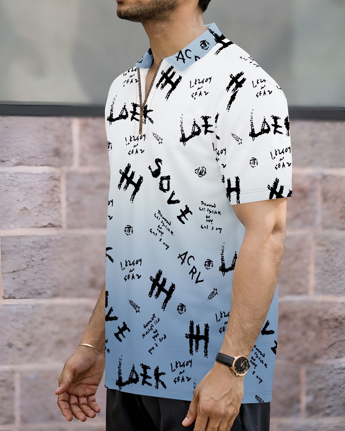 Men’s Graffiti Print Gradient Quarter-Zip Polo T-Shirt