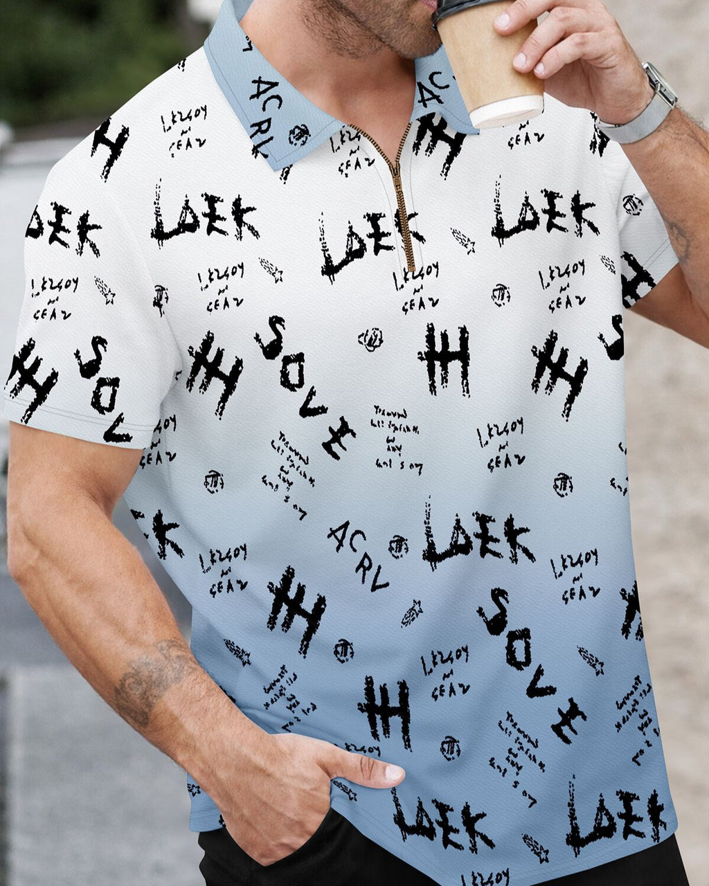 Men’s Graffiti Print Gradient Quarter-Zip Polo T-Shirt