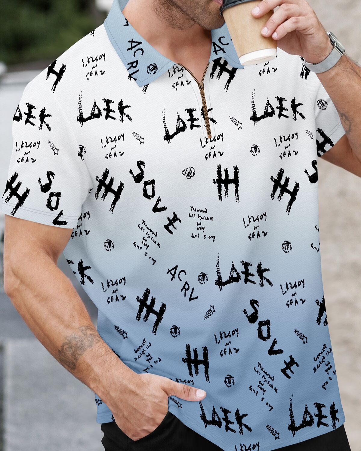 Men’s Graffiti Print Gradient Quarter-Zip Polo T-Shirt