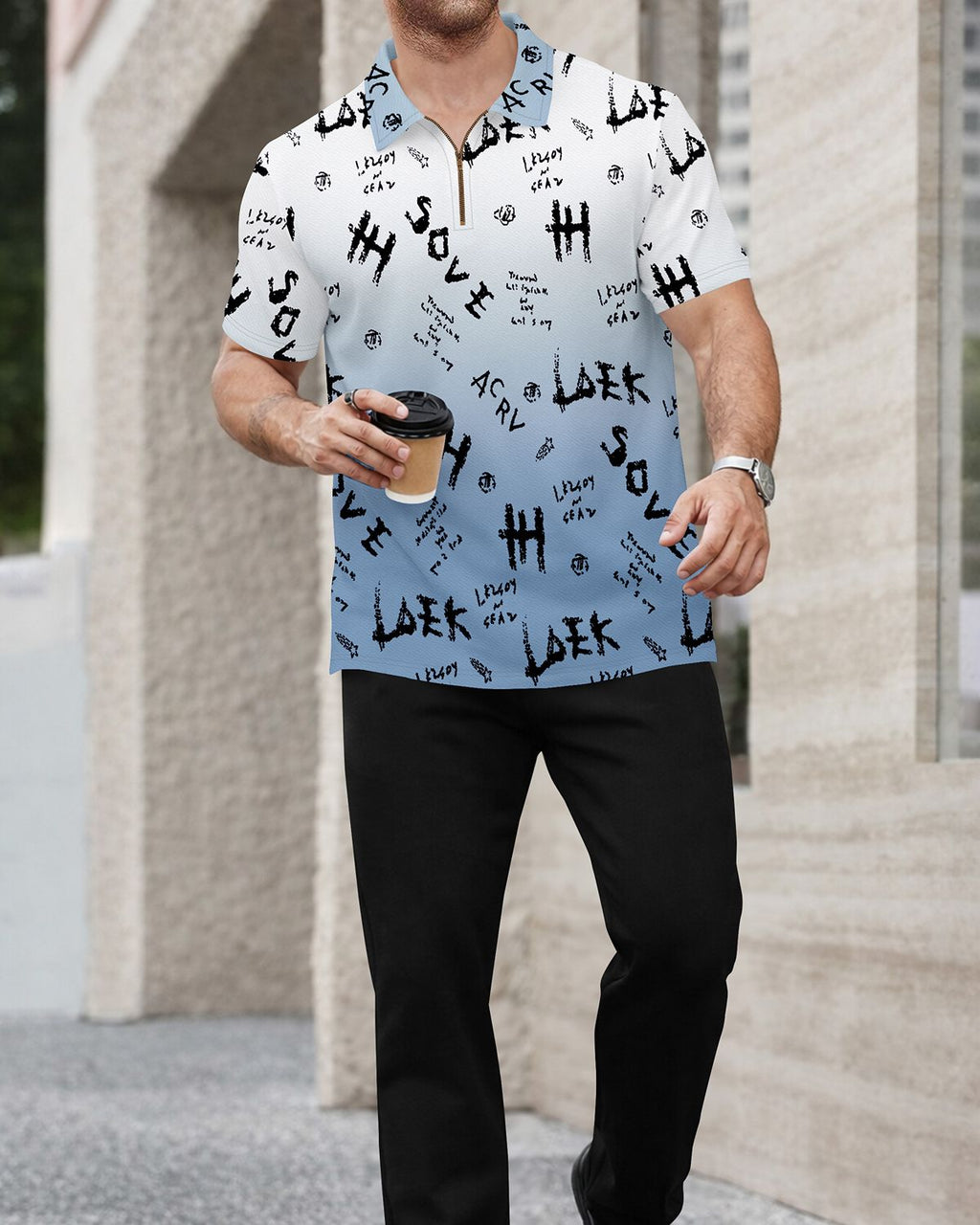 Men’s Graffiti Print Gradient Quarter-Zip Polo T-Shirt