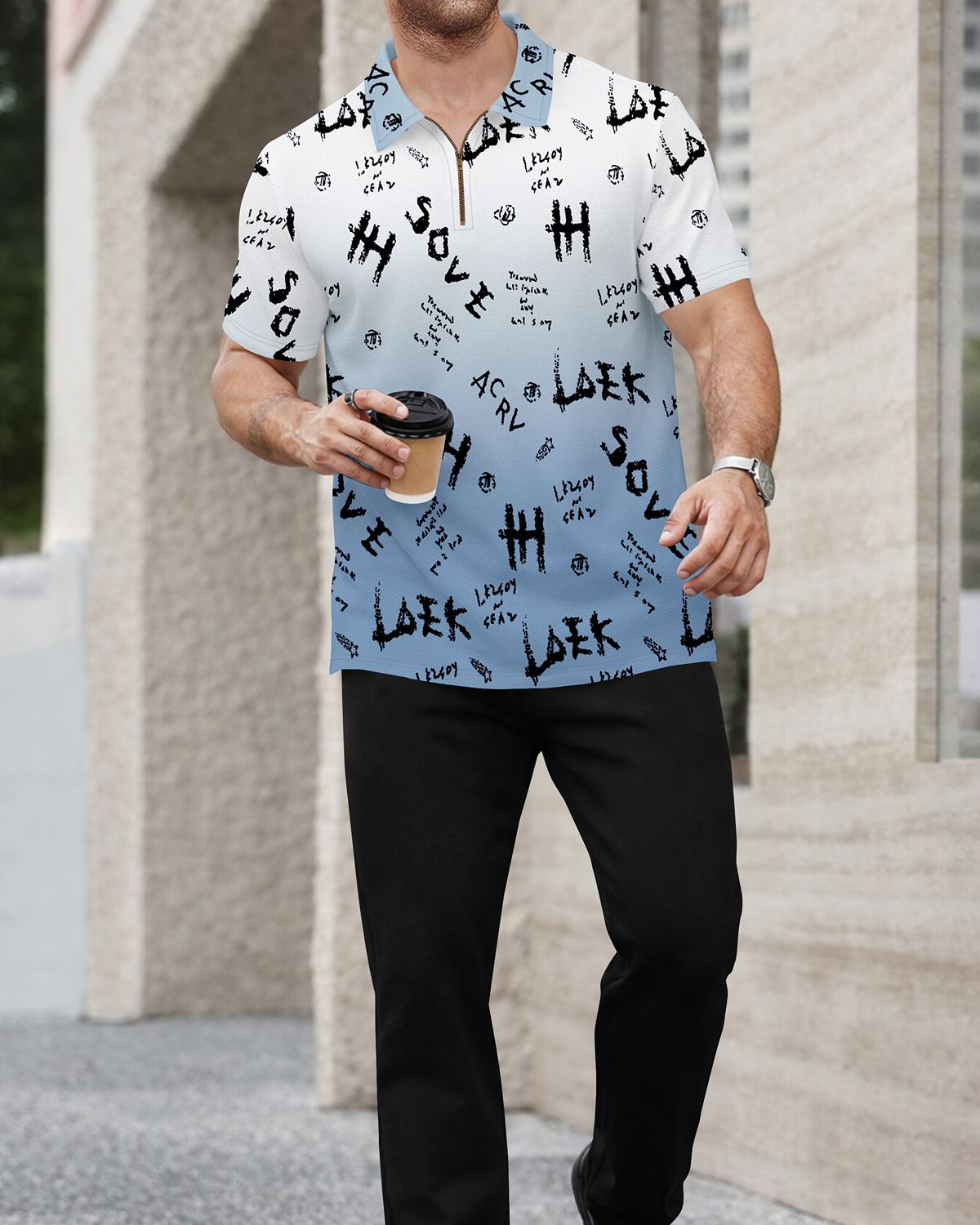 Men’s Graffiti Print Gradient Quarter-Zip Polo T-Shirt