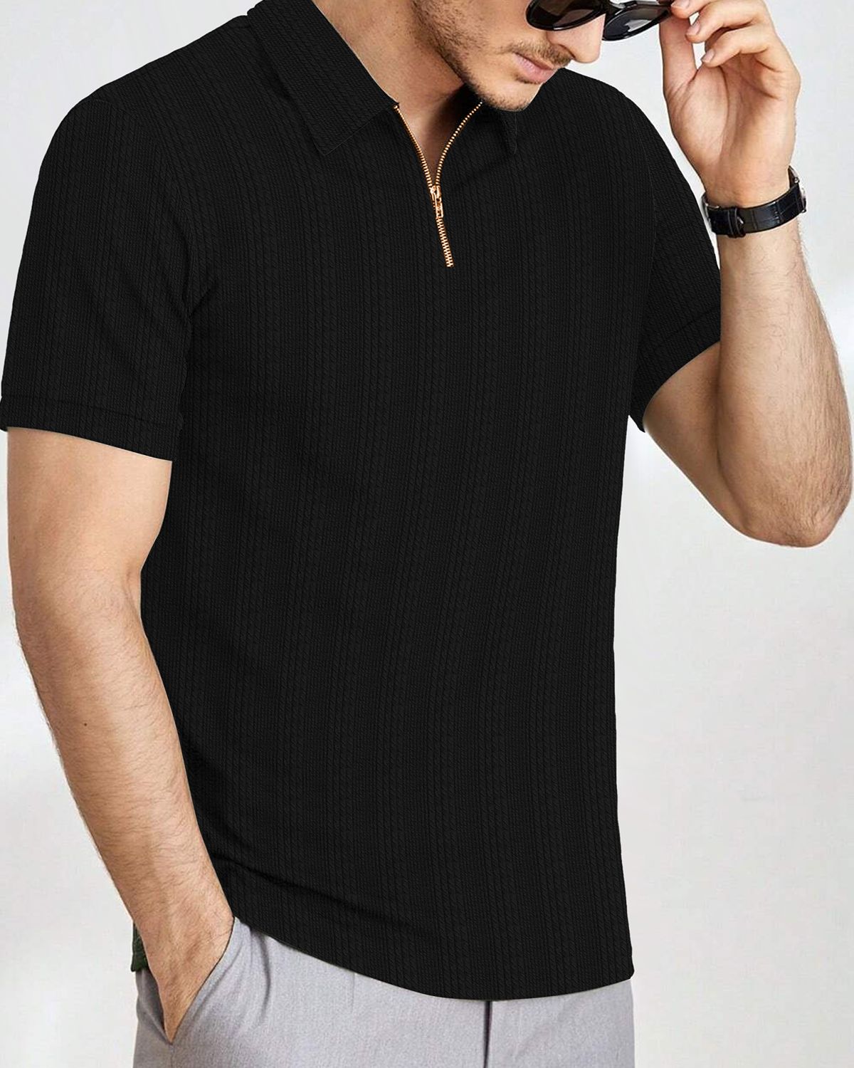 Men’s Textured Knit Quarter-Zip Polo T-Shirt