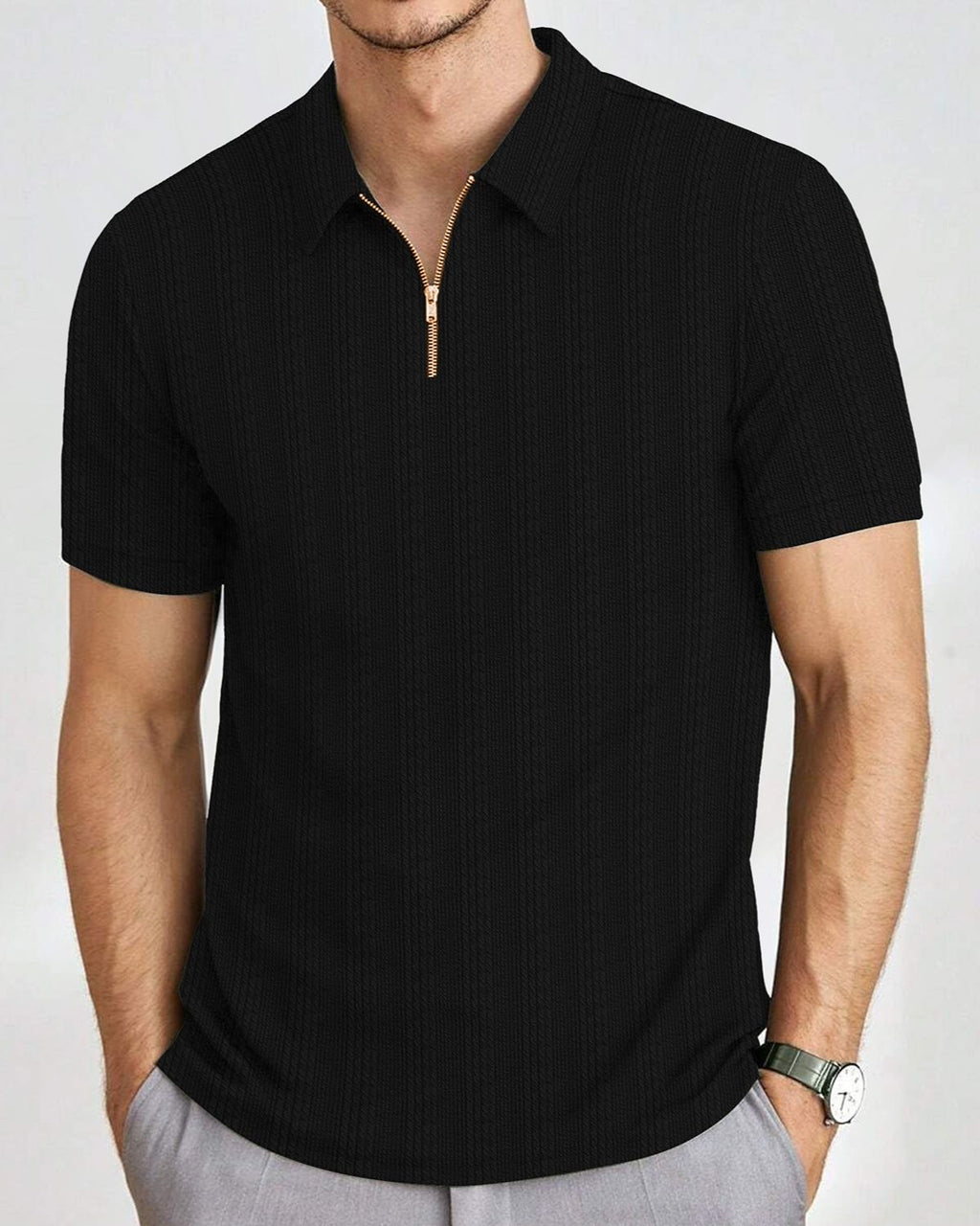 Men’s Textured Knit Quarter-Zip Polo T-Shirt