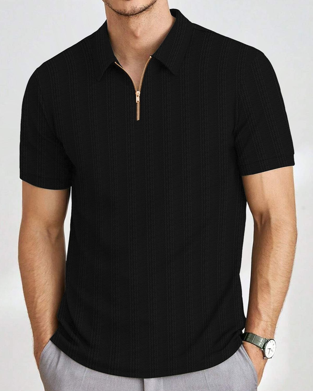 Men’s Textured Knit Quarter-Zip Polo T-Shirt