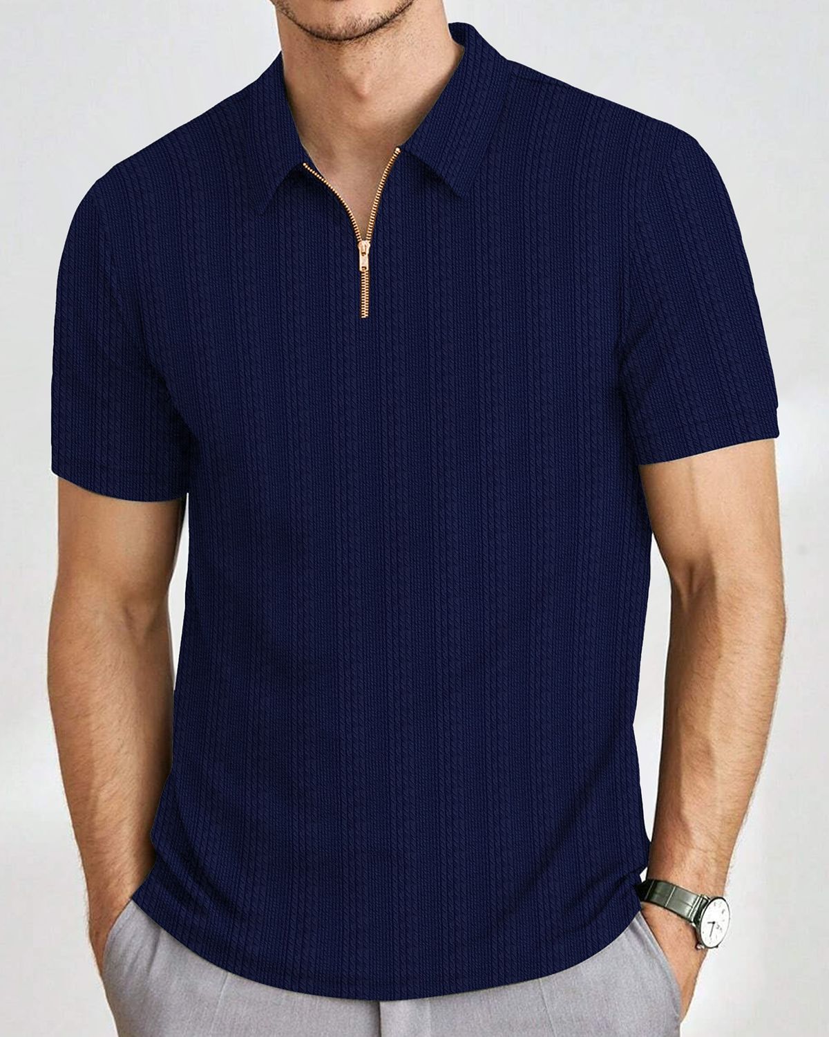 Men’s Textured Knit Quarter-Zip Polo T-Shirt