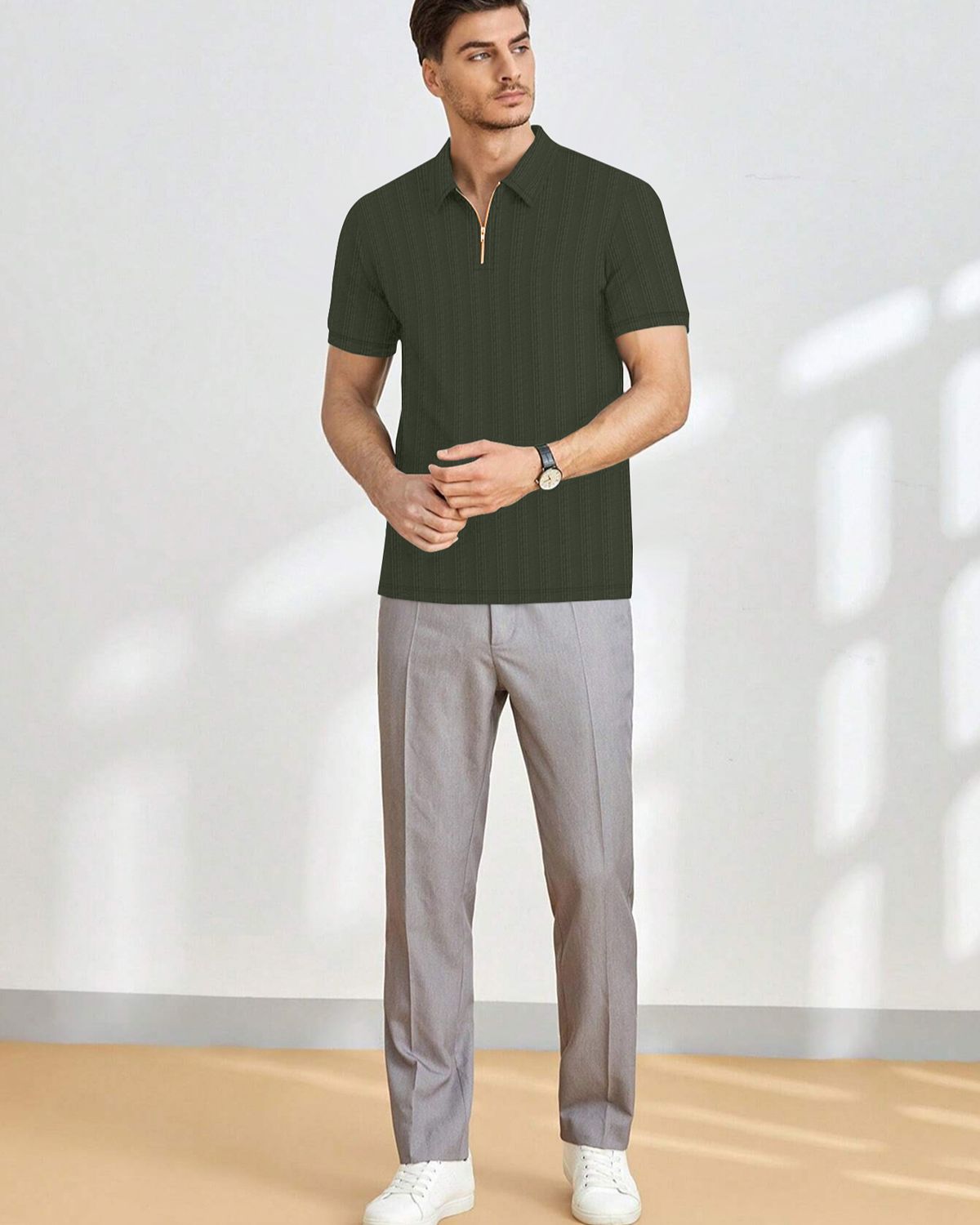 Men’s Textured Knit Quarter-Zip Polo T-Shirt