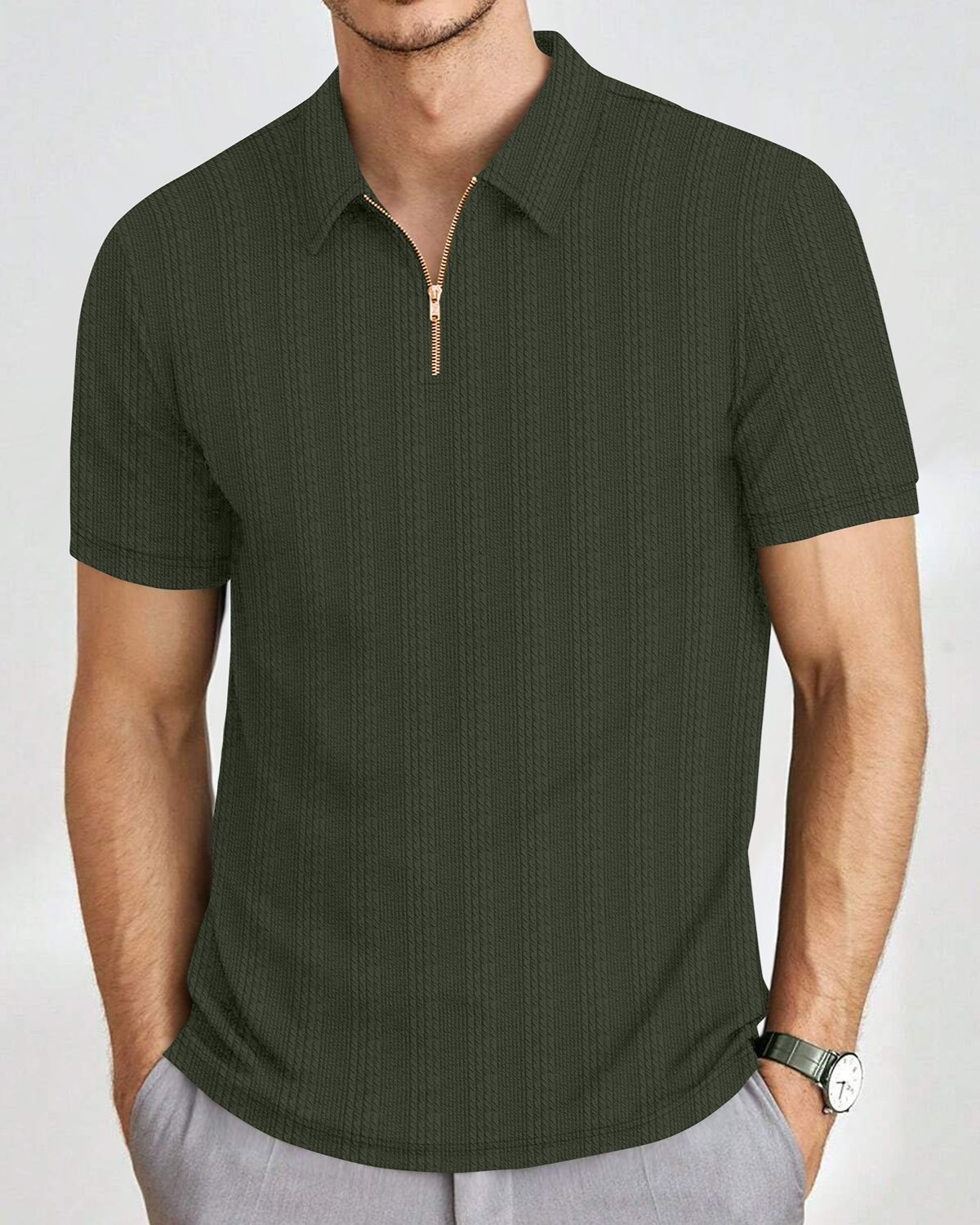 Men’s Textured Knit Quarter-Zip Polo T-Shirt