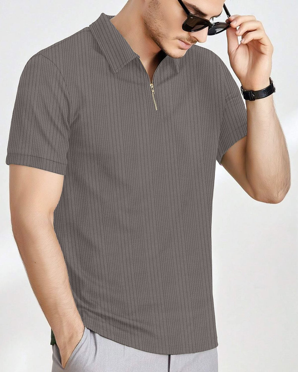 Men’s Textured Knit Quarter-Zip Polo T-Shirt