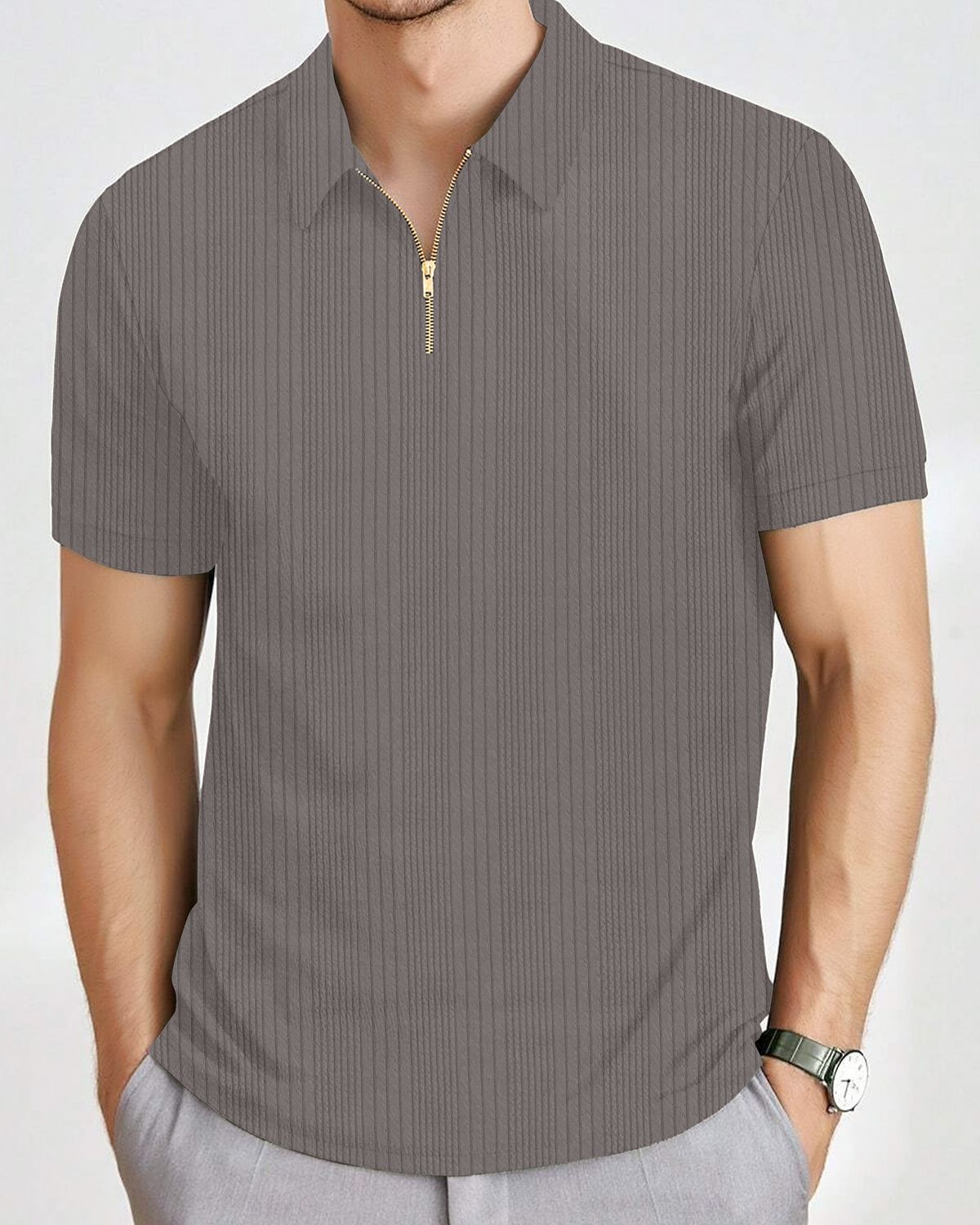 Men’s Textured Knit Quarter-Zip Polo T-Shirt