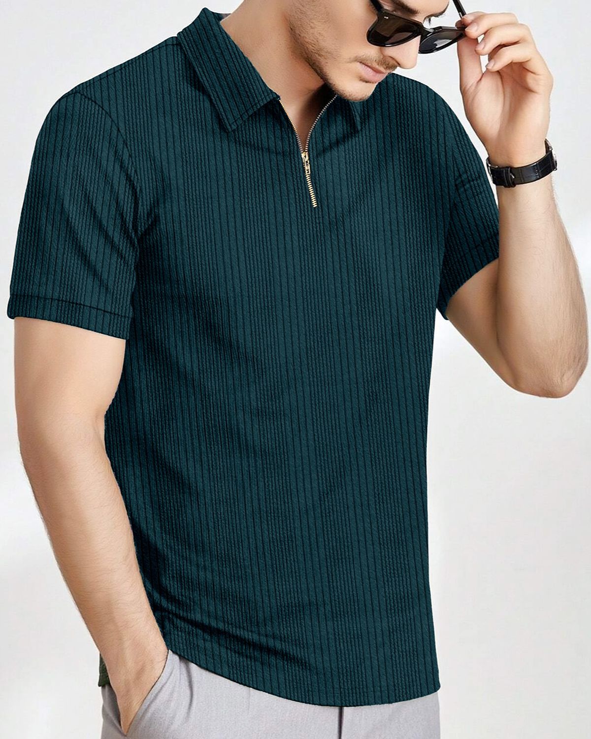 Men’s Textured Knit Quarter-Zip Polo T-Shirt