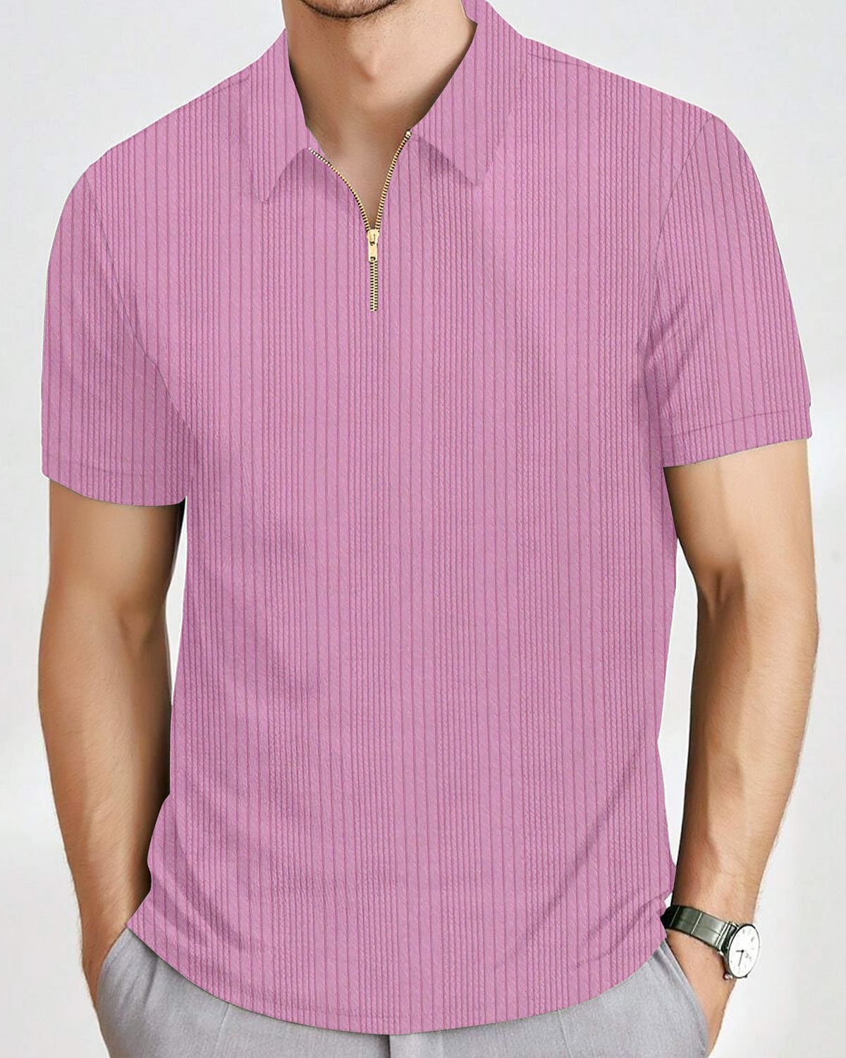 Men’s Textured Knit Quarter-Zip Polo T-Shirt