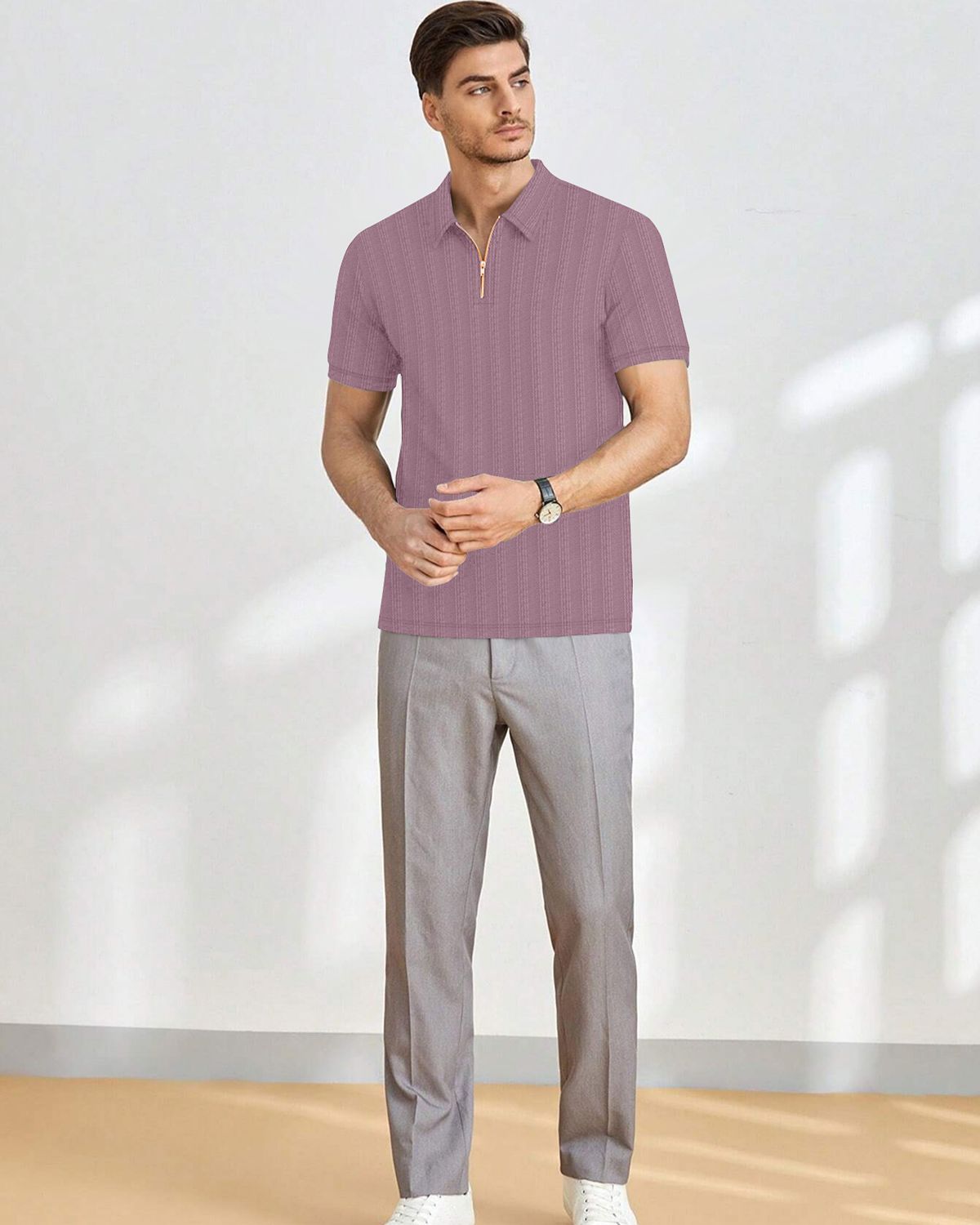 Men’s Textured Knit Quarter-Zip Polo T-Shirt
