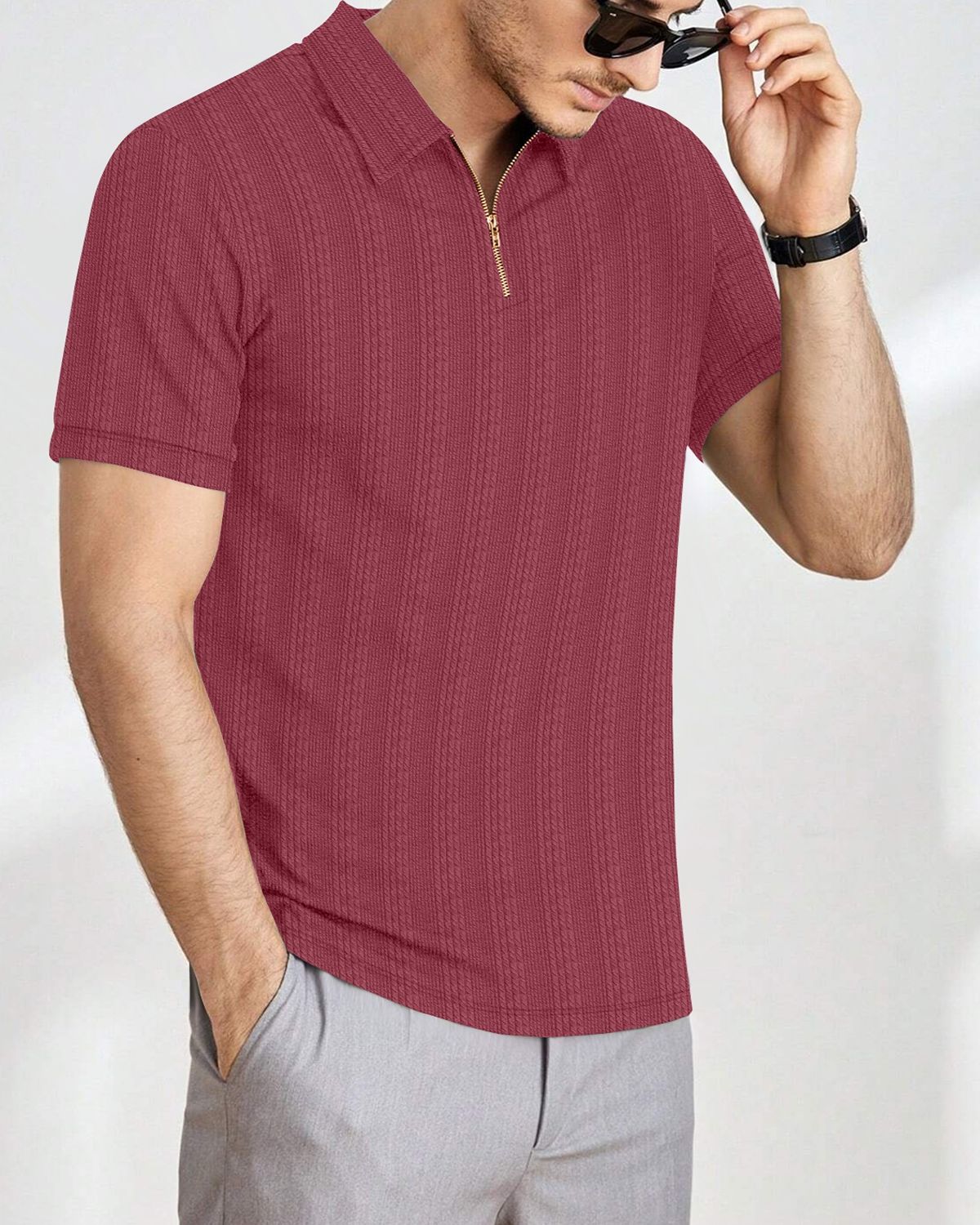 Men’s Textured Knit Quarter-Zip Polo T-Shirt