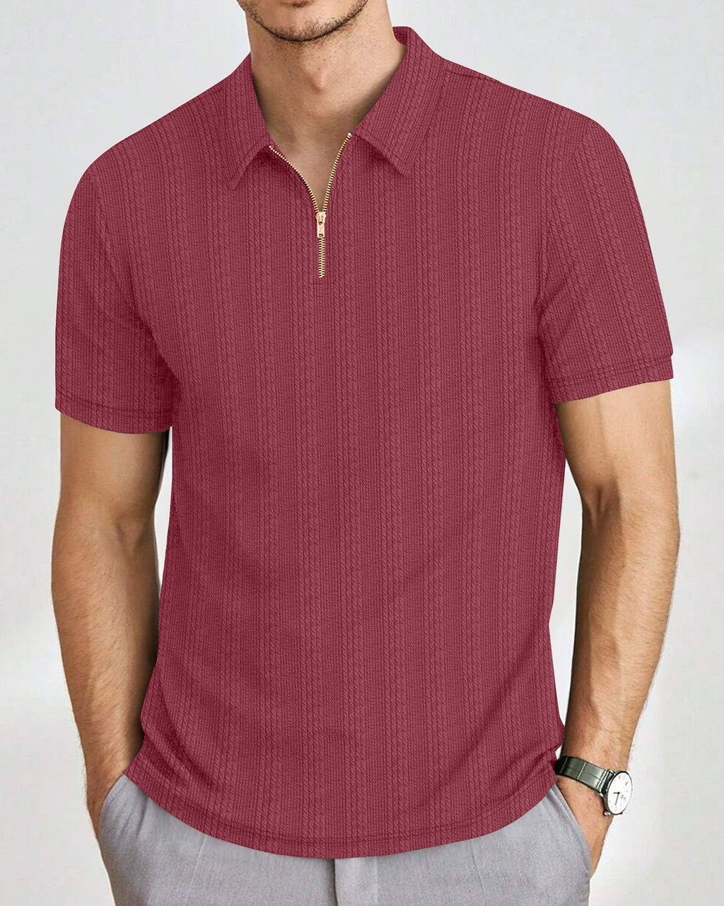 Men’s Textured Knit Quarter-Zip Polo T-Shirt