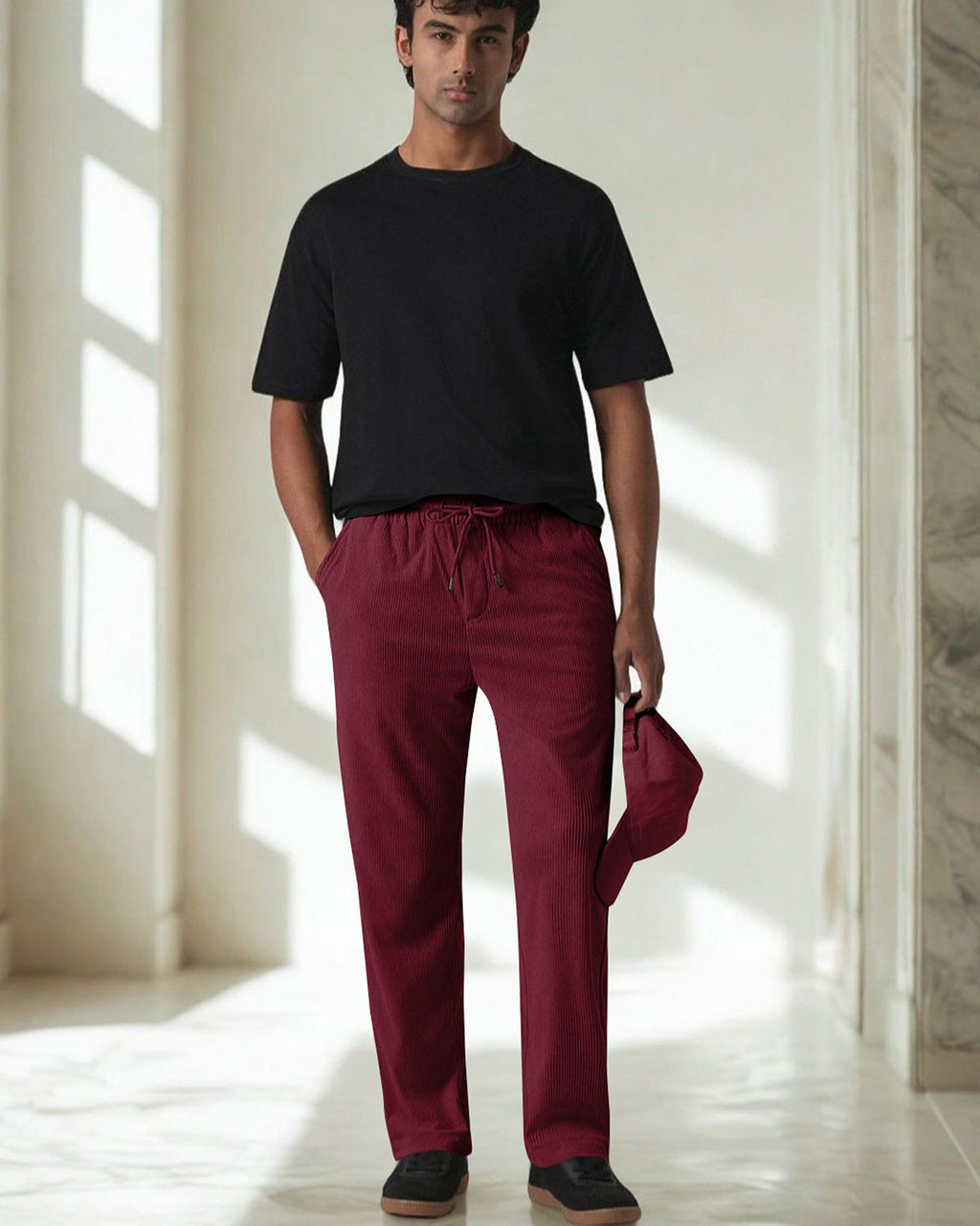 FINGERCROS Men's Premium Pleated Relaxed-Fit Drawstring Trousers