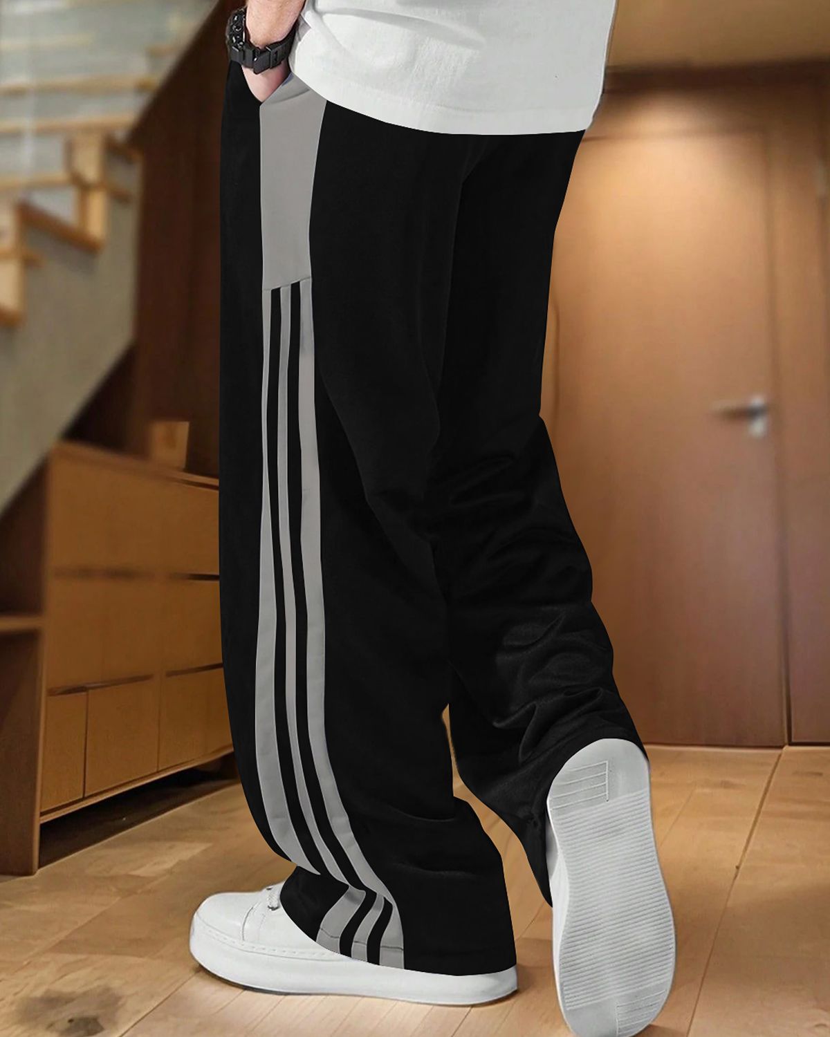 FINGERCROS Men's Modern Athleisure Three-Stripe Relaxed-Fit Trousers