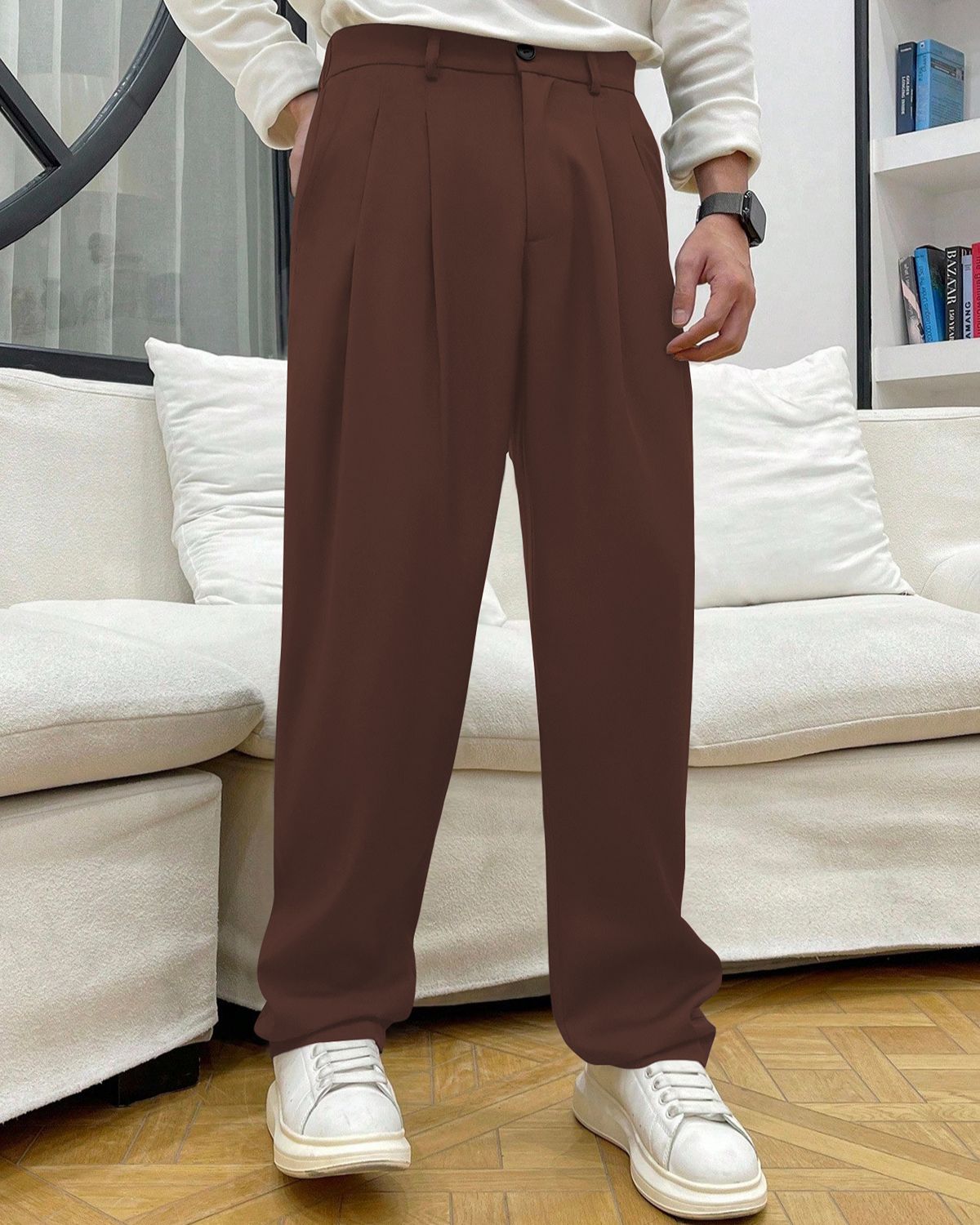 FINGERCROS Men’s Modern Pleated Relaxed-Fit Trousers